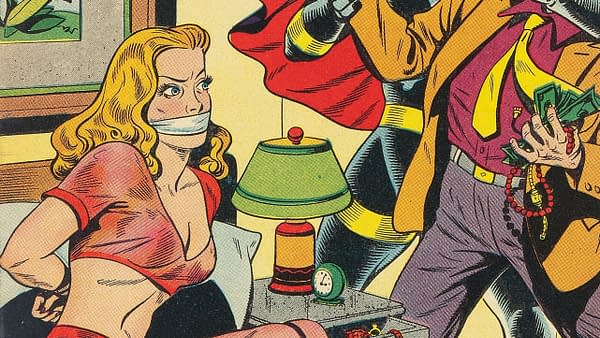 A comic illustration depicting a woman with blonde hair tied up and gagged, sitting on a bed. A man in a colorful outfit is holding a stack of money, while another figure in a dark costume looms behind them, creating a sense of tension.