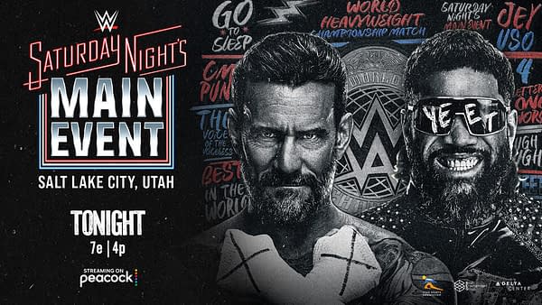 Promotional graphic for WWE's 'Saturday Night's Main Event' featuring two wrestlers facing off, with bold text indicating the event details including location, broadcast time, and status as a World Heavyweight Championship match.