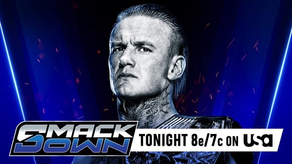 A wrestler with a stern expression, sporting a championship belt, is featured against a blue background with spark effects. The image promotes WWE SmackDown, indicating an upcoming match tonight.
