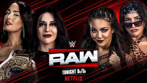 A promotional graphic for WWE Raw features four female wrestlers, two on each side. One wrestler displays a championship belt while the others have bold makeup and styles. The background is red with striking graphics and the WWE Raw logo prominently displayed.