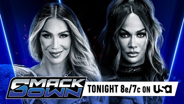 A promotional graphic for WWE SmackDown featuring two female wrestlers: one with long blonde hair and a championship belt, and the other with long dark hair, both looking fierce against a blue and black background. Text highlights that the event airs tonight at 8e/7c on USA.