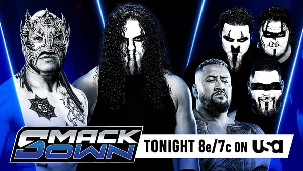 A promotional graphic for WWE SmackDown featuring several wrestlers, including a masked competitor and others with dramatic face paint. The image emphasizes the event's time and date, set against a dynamic blue backdrop.