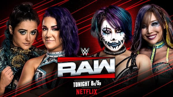A promotional graphic for WWE Raw featuring four female wrestlers. The background is red with dynamic lines, and the WWE Raw logo is prominently displayed at the center.