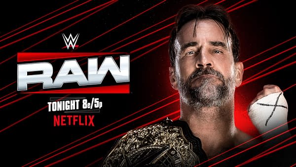 A wrestler, holding a championship belt, looks confidently at the camera against a dark background with red and black streaks. The WWE Raw logo is prominently displayed, along with text indicating the show is airing tonight on Netflix.