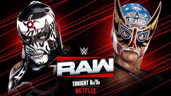 A promotional graphic featuring two masked wrestlers, one in a black and white mask and the other in a red, blue, and gold mask. The WWE Raw logo is prominently displayed, along with the text announcing the show time.