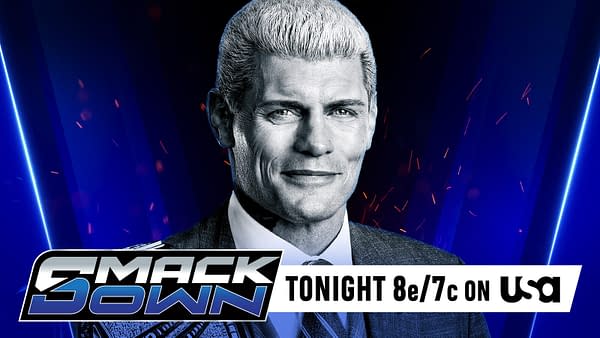 A digitally created promotional image featuring a smiling wrestler with silver hair dressed in a suit. The background is a gradient of blue tones, enhancing the dramatic effect, while the logo for 'SmackDown' and a broadcast time are prominently displayed at the bottom.