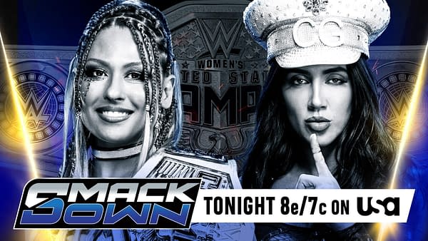 A promotional graphic featuring two female wrestlers, one smiling with braided hair and a championship belt, and the other with a striking pose and a sparkling hat. Background shows the WWE Women's United States Championship logo.