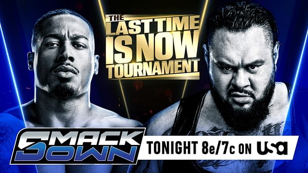 A promotional graphic for WWE SmackDown featuring two wrestlers facing each other. The background includes the text 'The Last Time is Now Tournament' in gold, and a banner at the bottom displays 'SmackDown Tonight 8e/7c on USA.'