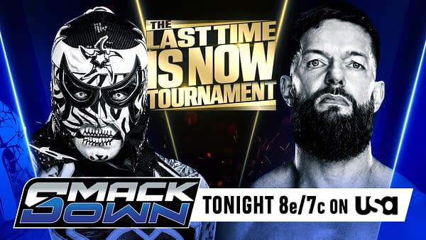 An illustration featuring two wrestlers facing off. One is wearing a black and white mask with a skull design, while the other has a beard and is staring directly at the viewer. The background includes promotional text for the 'Last Time is Now Tournament.'