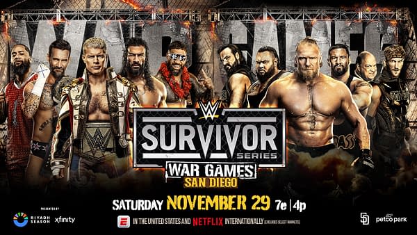 A promotional graphic for WWE Survivor Series featuring multiple wrestlers posed in front of a cage structure, with the title 'SURVIVOR SERIES' prominently displayed. The date and location for the event, 'Saturday, November 29, San Diego,' are also included in bold text.