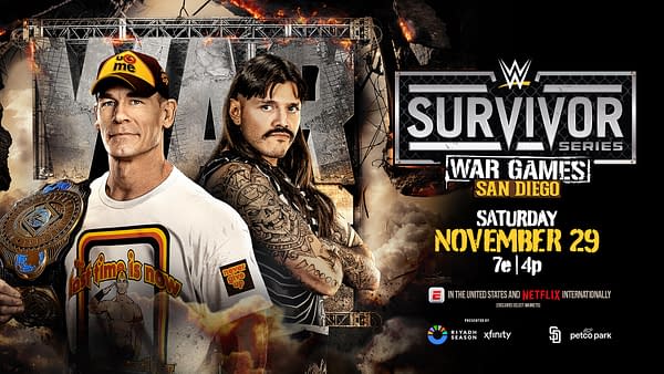 Promotional graphic for WWE Survivor Series featuring wrestlers John Cena and a tattooed male competitor, set against a dramatic backdrop with war-themed elements. The event details highlight San Diego and the date, November 29.