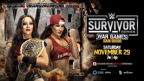 A promotional graphic for WWE Survivor Series featuring two female wrestlers, one holding a championship belt, set against a dramatic backdrop with the event details.