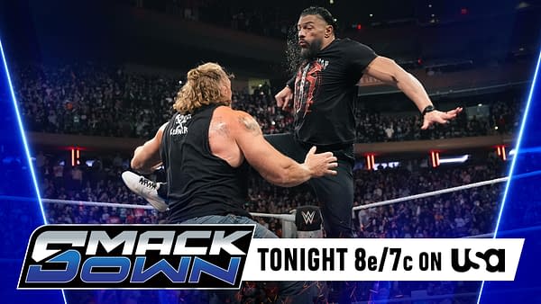 Two wrestlers engage in a dramatic match inside the ring, surrounded by a cheering crowd. One wrestler is performing a mid-air maneuver while the other prepares to catch him.