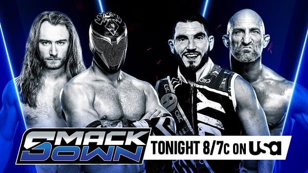 A promotional graphic for WWE SmackDown featuring four wrestlers: one with long hair, another wearing a masked outfit, and two others showcasing distinct wrestling gear. The background is blue with light accents, advertising a show airing tonight.
