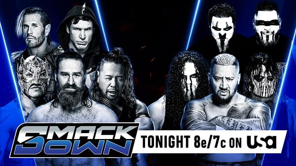 A promotional graphic for WWE SmackDown featuring eight wrestling superstars, including individuals in dramatic poses with intense expressions. The background is illuminated with blue light, and the logo prominently displays 'SMACKDOWN' with the airing time details. 