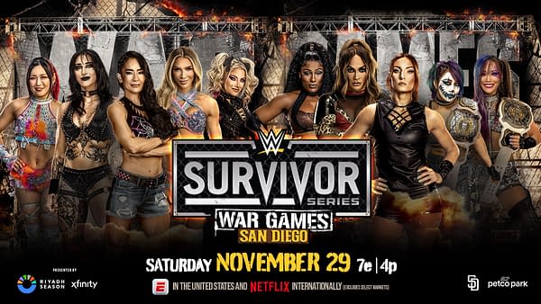 A promotional image for WWE Survivor Series featuring a group of female wrestlers posing together. The background includes a wrestling cage and the event's logo with details about the date and location.
