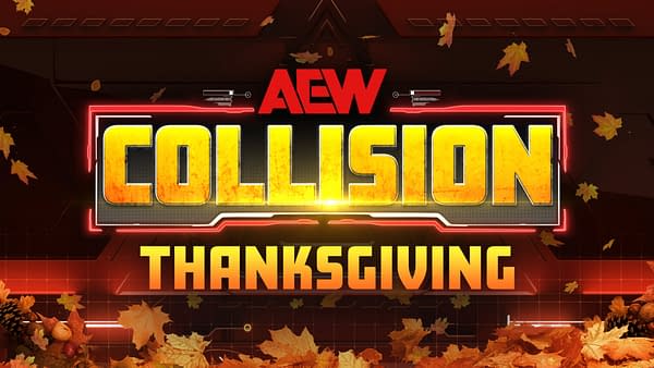 A graphic featuring bold text that reads 'AEW COLLISION THANKSGIVING', set against a dark background with falling autumn leaves and scattered fall decorations.