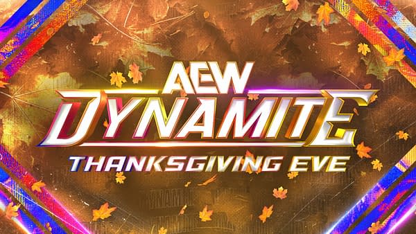 A colorful logo for AEW Dynamite featuring the text 'Dynamite' prominently displayed with 'AEW' and 'Thanksgiving Eve' beneath it. The background is adorned with autumn leaves and vibrant graphic elements.