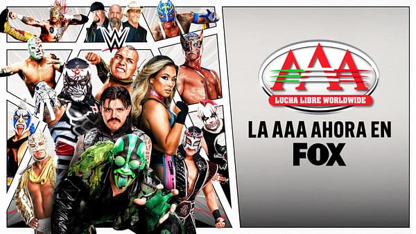A promotional graphic featuring various masked wrestlers and a logo for AAA Lucha Libre Worldwide. The image highlights the excitement and energy of lucha libre with colorful costumes and dynamic poses.