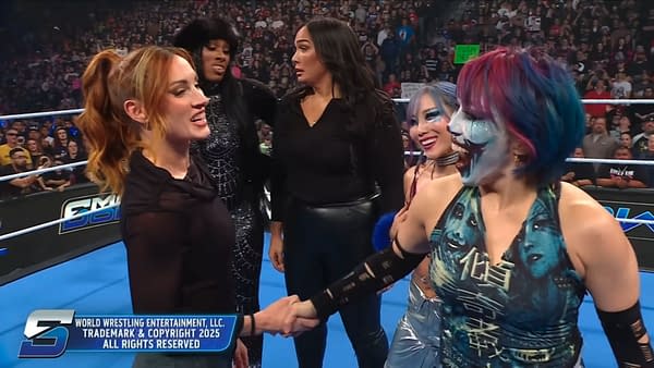 Five WWE female wrestlers are interacting in the wrestling ring, with one wrestler, Becky Lynch, shaking hands with another. The background features an enthusiastic crowd, with various fans visible.