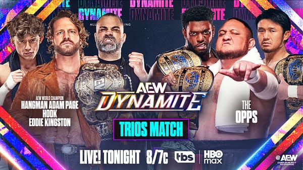 A vibrant promotional graphic for AEW Dynamite showcases six wrestlers, two teams facing off in a trios match, with championship belts prominently displayed. The background features dynamic colors and the AEW logo.