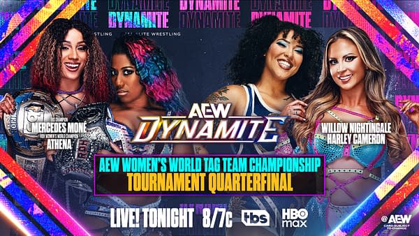 A vibrant promotional graphic for AEW Dynamite featuring four women wrestlers: Mercedes Moné, Athena, Willow Nightingale, and Harley Cameron, each with distinct hairstyles and wrestling attire, showcasing championship titles. The background blends colorful geometric patterns with the AEW Dynamite logo.
