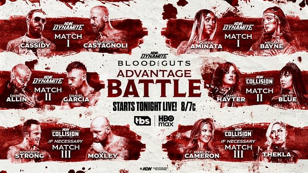 A promotional graphic for AEW Dynamite featuring a bold design with red accents. It lists matchups including Orange Cassidy vs. Claudio Castagnoli, Darby Allin vs. Daniel Garcia, and more, along with the event title 'Blood & Guts Advantage Battle' and start time 8/7c.