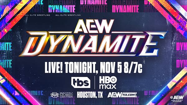 A promotional graphic for AEW Dynamite featuring the title "DYNAMITE" prominently displayed. The background has colorful graphics and text indicating the event is live in Houston, TX, on November 5, 2025, at 8 PM.
