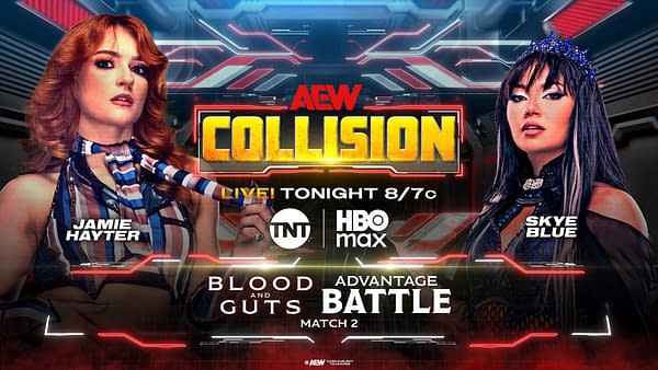 A promotional graphic for AEW Collision featuring two female wrestlers, Jamie Hayter on the left with red hair and a striped outfit, and Skye Blue on the right wearing a black outfit and a blue tiara. The background is futuristic, highlighting the event details.