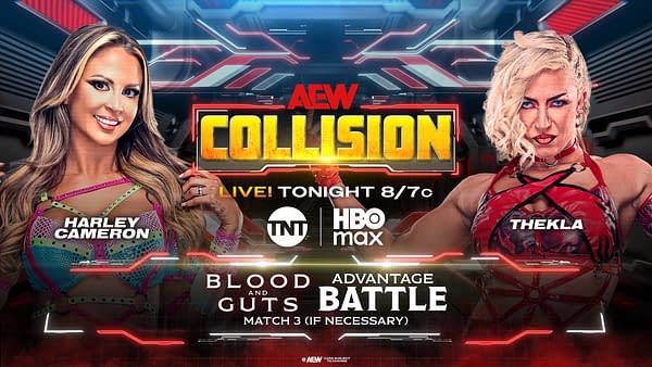 A promotional graphic for AEW Collision features two female wrestlers, Harley Cameron and Thekla, set against a dynamic background. The design includes the event details, emphasizing the 'Blood and Guts Advantage Battle.'