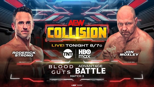 A promotional graphic for AEW Collision featuring two wrestlers, Roderick Strong and Jon Moxley, prominently displayed. The backdrop includes futuristic designs and the event title 'Blood and Guts Advantage Battle Match 3' along with details about the broadcast.