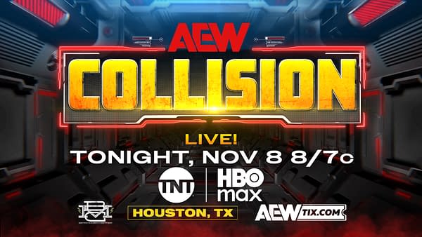 Promotional graphic for AEW Collision, featuring the large yellow text "COLLISION" against a dark, futuristic background. The date and time for the event, along with logos for TNT, HBO Max, and AEW, are displayed prominently.