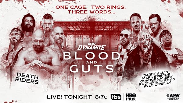 A promotional graphic for AEW's 'Blood and Guts' event, featuring several wrestlers in a dramatic layout surrounded by a bloody aesthetic. The background includes a large cage structure and bold text announcing the event details.