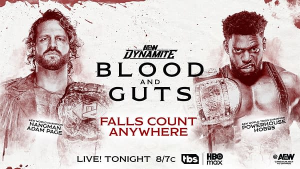 A promotional poster for an AEW wrestling event titled 'Blood and Guts,' featuring two wrestlers: Hangman Adam Page and Powerhouse Hobbs, both showcasing their championship belts. The background has a red and white theme with splatters, emphasizing the intense nature of the match.