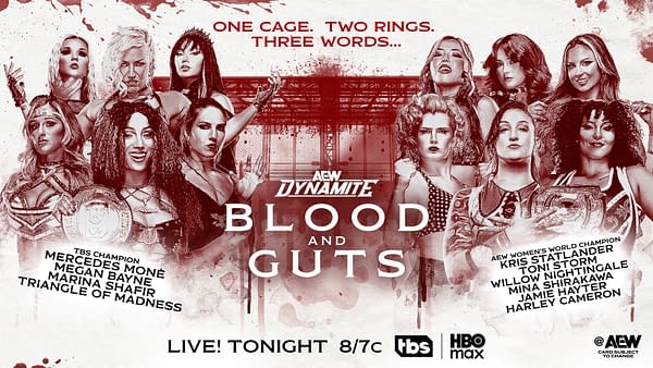 A promotional graphic for AEW's Blood and Guts event featuring several female wrestlers. The background includes a jail-like cage, with red splashes and dramatic text indicating the event's name and airtime details.