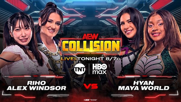 A promotional graphic for AEW Collision features four female wrestlers: Riho, Alex Windsor, Hyan, and Maya World, against a futuristic background. The event details indicate it is live tonight at 8/7c.