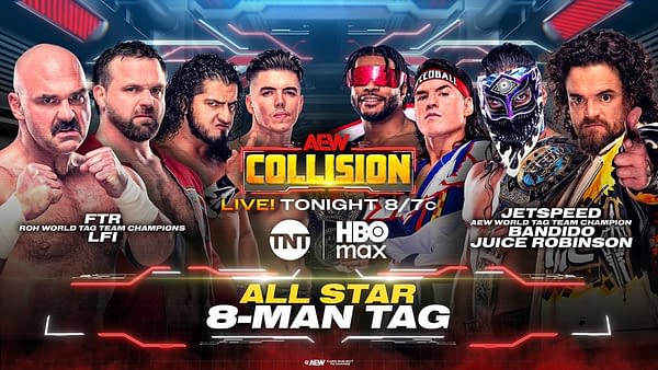 Promotional graphic for AEW Collision features multiple wrestlers arranged in two groups. The image includes text announcing a live event and highlights the participants for an 8-man tag match.