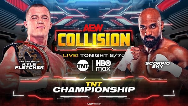 A promotional graphic for AEW Collision featuring TNT Champion Kyle Fletcher on the left, displaying his championship belt, and Scorpio Sky on the right. The design includes the title 'AEW COLLISION' prominently displayed, with details about the event scheduled live tonight.