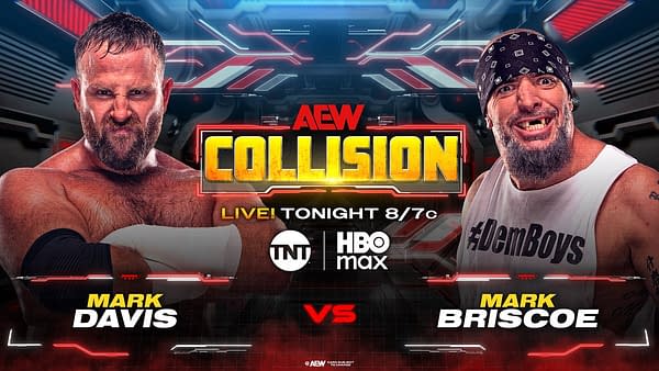 A promotional graphic for AEW Collision features two wrestlers facing each other. On the left is Mark Davis with a serious expression, and on the right is Mark Briscoe smiling widely. The background includes a futuristic design with event details prominently displayed.