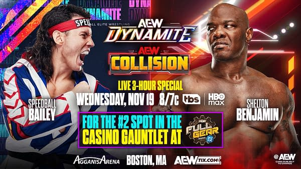 A promotional graphic for AEW Dynamite and Collision featuring two wrestlers, Speedball Bailey and Shelton Benjamin, alongside event details. They are shown in dynamic poses, emphasizing the upcoming live special.
