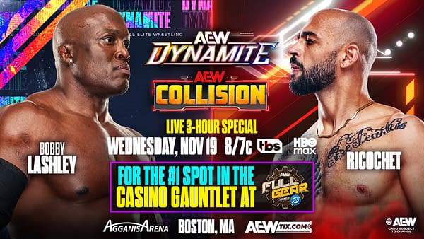 A promotional graphic featuring two professional wrestlers, Bobby Lashley and Ricochet, for an AEW event. The background displays vibrant colors and the AEW logos, highlighting the event details and date.