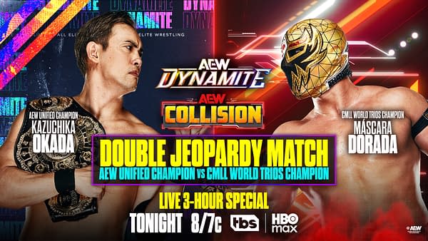 A promotional graphic for a wrestling event featuring two competitors, Kazuchika Okada with a championship belt and Máscara Dorada in a golden mask. The text highlights a 'Double Jeopardy Match' between the AEW Unified Champion and the CMLL World Trios Champion, with broadcast details included.