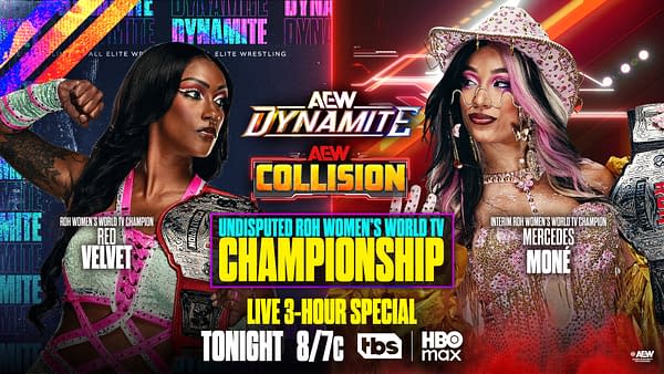 A promotional graphic for AEW Dynamite and Collision featuring two women wrestlers, Red Velvet and Mercedes Moné, showcasing their championship belts. The background displays colorful graphics with event details.