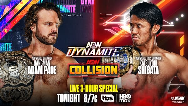 A promotional graphic for All Elite Wrestling (AEW) featuring champions Hangman Adam Page and Katsuyori Shibata. Adam Page holds the AEW World Championship, while Shibata showcases the AEW World Trios Championship, set against a colorful background with the titles 'Dynamite' and 'Collision.'