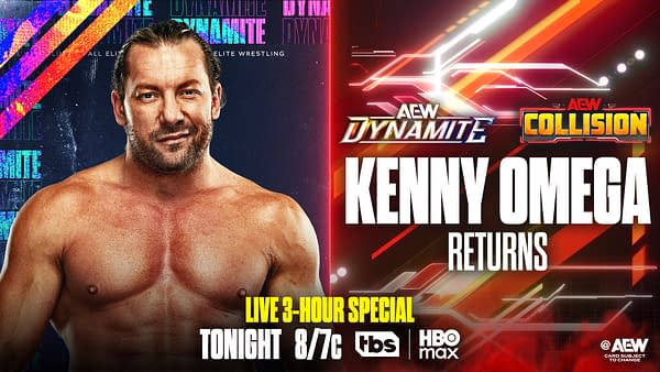 A promotional graphic for AEW featuring wrestler Kenny Omega. The image includes vibrant colors and logos for AEW Dynamite and AEW Collision, announcing Kenny Omega's return for a live 3-hour special event.
