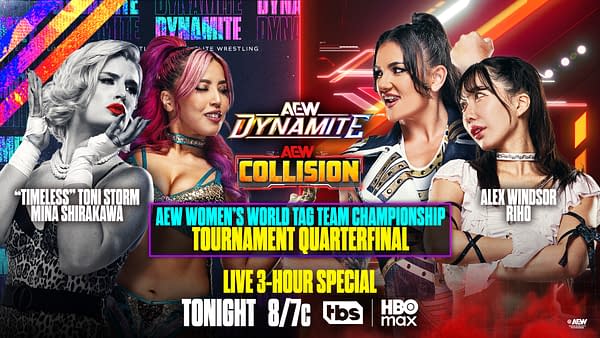 A promotional graphic for an AEW wrestling event featuring four wrestlers. On the left, 'Timeless' Toni Storm and Mina Shirakawa are stylized in bold colors, while Alex Windsor and Riho are shown on the right, with event details highlighted in bright text.