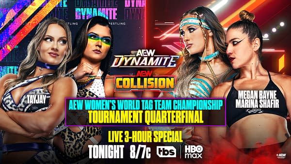 A promotional graphic for AEW featuring four female wrestlers, with bold text announcing the AEW Women's World Tag Team Championship Tournament Quarterfinal and a live 3-hour special. The wrestlers display fierce expressions against a colorful background.