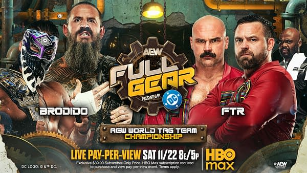 A promotional graphic for AEW Full Gear featuring wrestlers Brodido and FTR. The background includes industrial elements and the event title prominently displayed.
