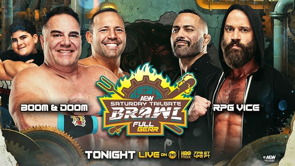 A colorful promotional graphic featuring four wrestlers, including two in bright gear posing confidently and two in darker attire, against a background of gears and industrial elements. The logo for AEW Full Gear is prominently displayed, with event details included.