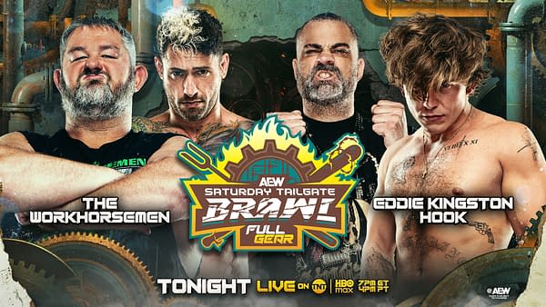 A promotional image for AEW's Full Gear featuring four wrestlers: two members of The Workhorsemen on the left with confident expressions, and two more wrestling figures, Eddie Kingston and Hook, on the right. The background includes industrial elements that enhance the theme of the event.